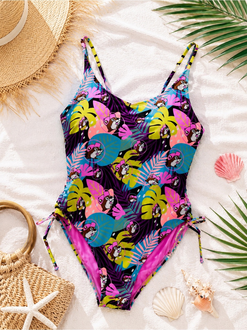 BUC-EE'S Women's Tropical Beaver One-Piece Swimsuit – Pink Blue & Yellow Size XL